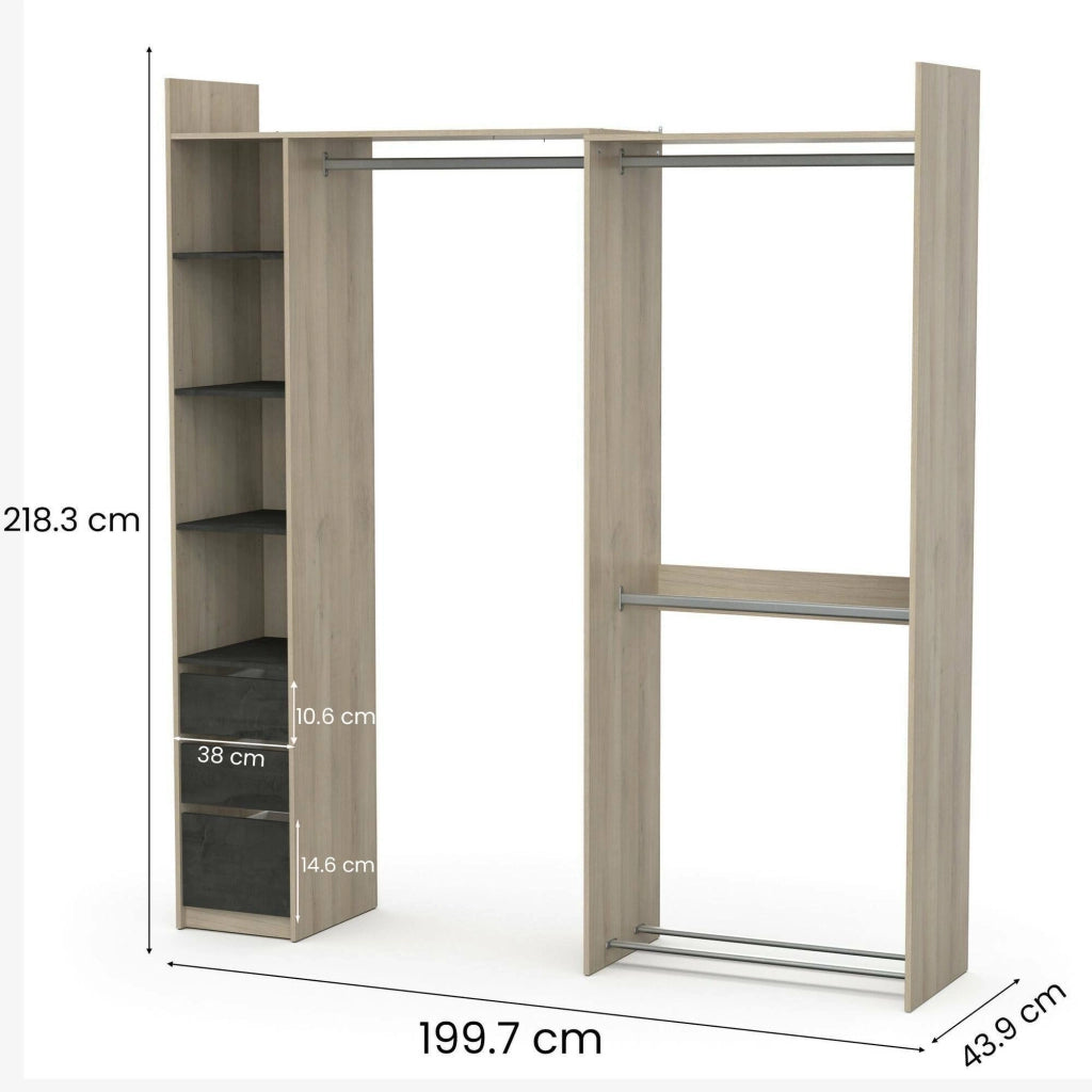 Guardaroba grande Battuda, Mobile camera da letto, Cabina armadio portabiti, Armadio appendiabiti, 200x44 h218 cm, Rovere