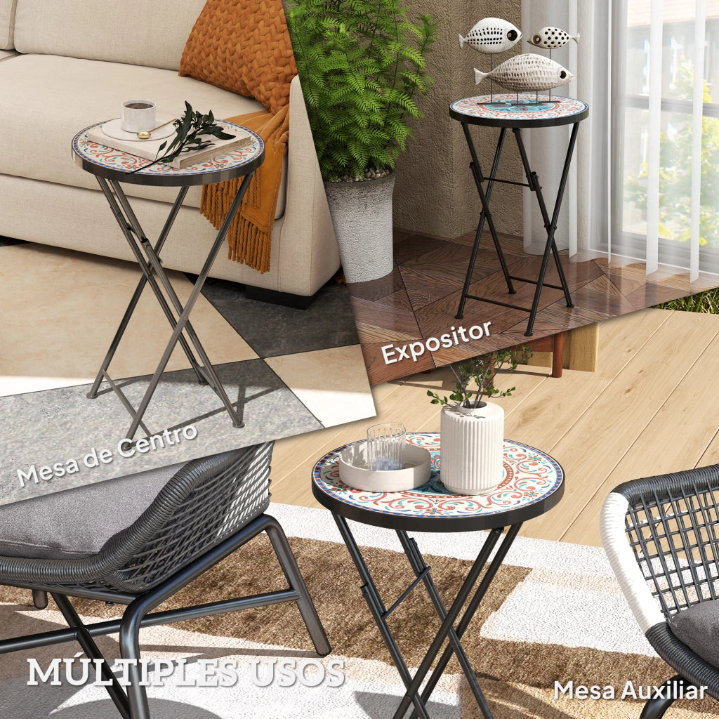 Tavolino da Giardino Pieghevole con Piano a Mosaico e Cuscini Antiscivolo ¨C Zephmum ¨C ?35,5x55 cm Multicolore
