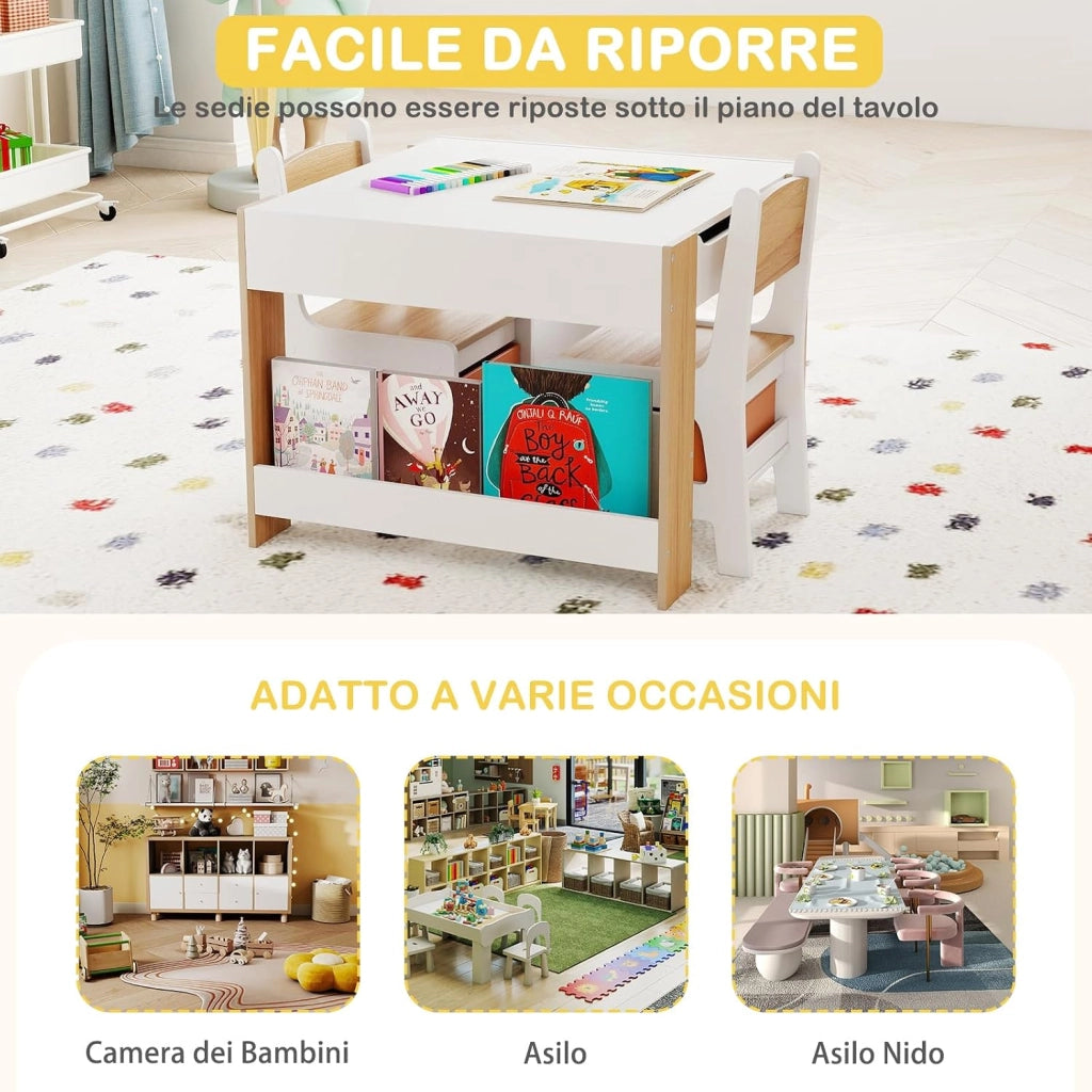 Set Tavolino Bambini con 2 Sedie per Bambini, Tavolo e Sedie 4 in 1 con Piano Doppa Faccia, Librerie Laterali e Scatola in Tessuto, Mobile Salvaspazio per Asilo e Cameretta (Naturale, Stile 2)