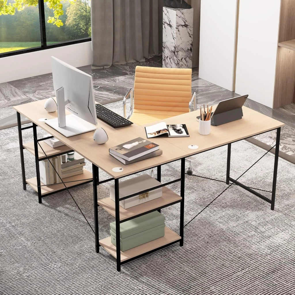 Scrivania Angolare per Computer con Supporto per Monitor, Scrivania Porta PC in Legno, Scrivania Salvaspazio e Moderna per Ufficio e Studio, 242 x 60 x 75 cm (Naturale)
