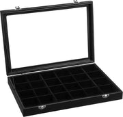 Organizzatore di gioielli, scatola di gioielli con 24 contenitori, organizzatore di gioielli con rivestimento in velluto, coperchio in vetro e chiusura, idea regalo, 35 x 24 x 4,3 cm, nero JDS303