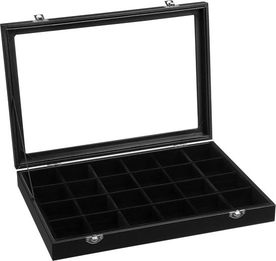 Organizzatore di gioielli, scatola di gioielli con 24 contenitori, organizzatore di gioielli con rivestimento in velluto, coperchio in vetro e chiusura, idea regalo, 35 x 24 x 4,3 cm, nero JDS303