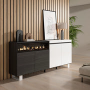 Credenza, Mobile, 200x35x87cm, 4 Porte, Camino elettrico, Design industriale, Bianco e nero RF2402