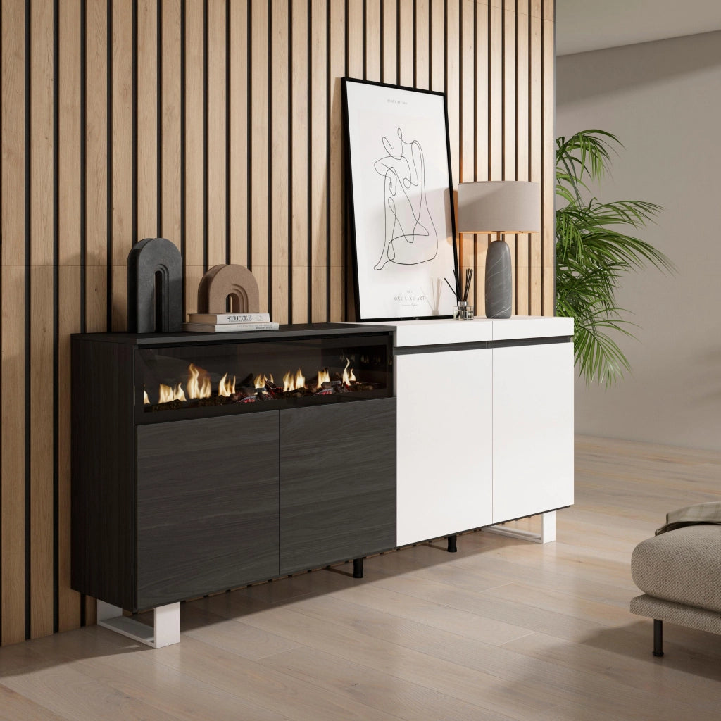 Credenza, Mobile, 200x35x87cm, 4 Porte, Camino elettrico, Design industriale, Bianco e nero RF2402