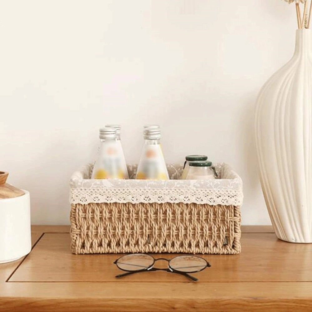 Trade Shop - Set 3 Pz Porta Oggetti Organizer Cestino Intrecciato Con Fodera In Tessuto 79158 -