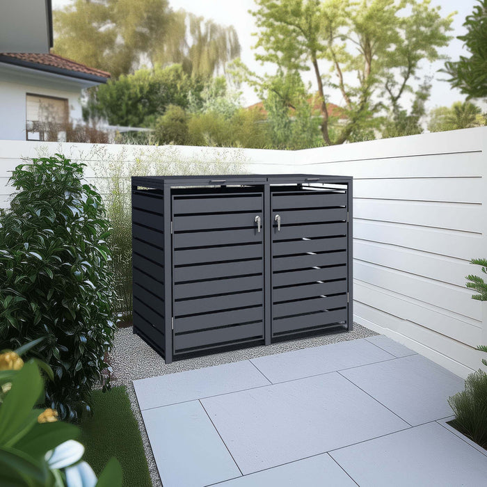 Copri bidoni della spazzatura con coperchio ribaltabile per due contenitori 60-240l, acciaio antracite, copribidone da esterno