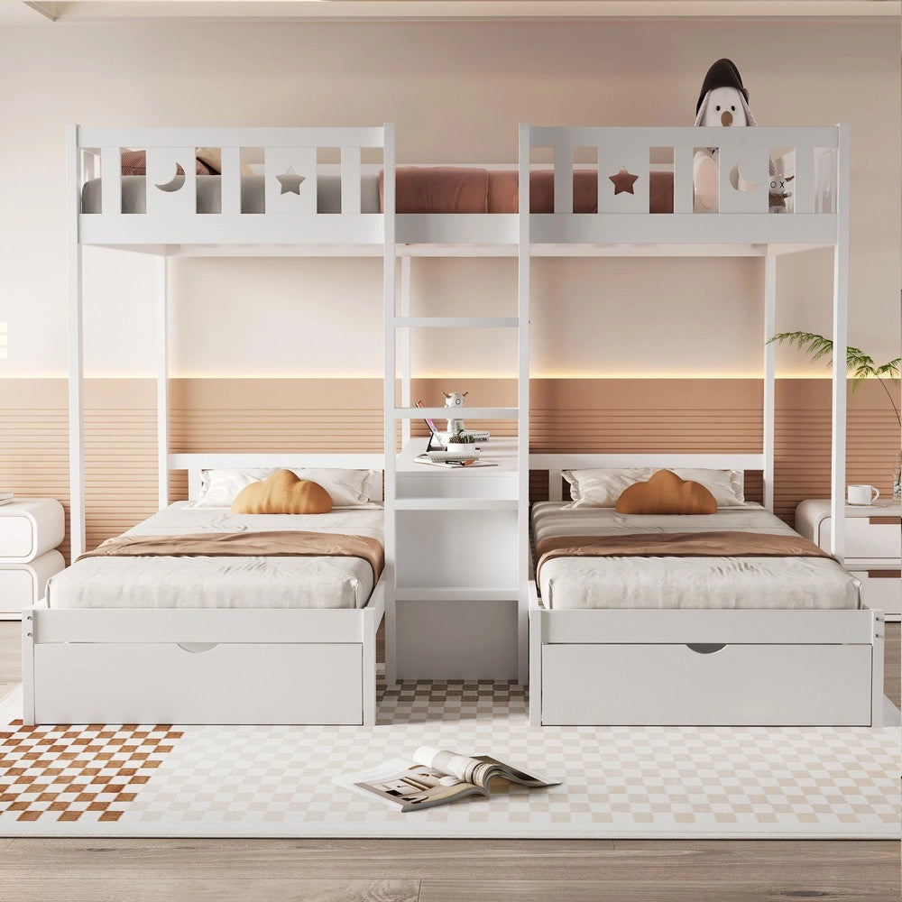 Letto a Soppalco con Scala, Cassetti e Contenitore ¨C Xylo ¨C Massello Bianco 90x200 / 140x200