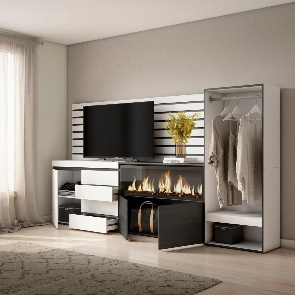 Credenza, 274x35x145cm, Camera da letto, Camino elettrico XXL, Cassettiera, Armadio Aperto, Bianco RF3387