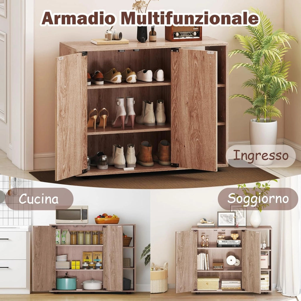 Mobiletto per Scarpe con Ante, Scaffale Porta Scarpe a 3 Ripiani con Mensole Regolabili, Organizzatore in Legno per Ingresso, Corridoio e Soggiorno, 80 x 31 x 64,5 cm (Naturale)