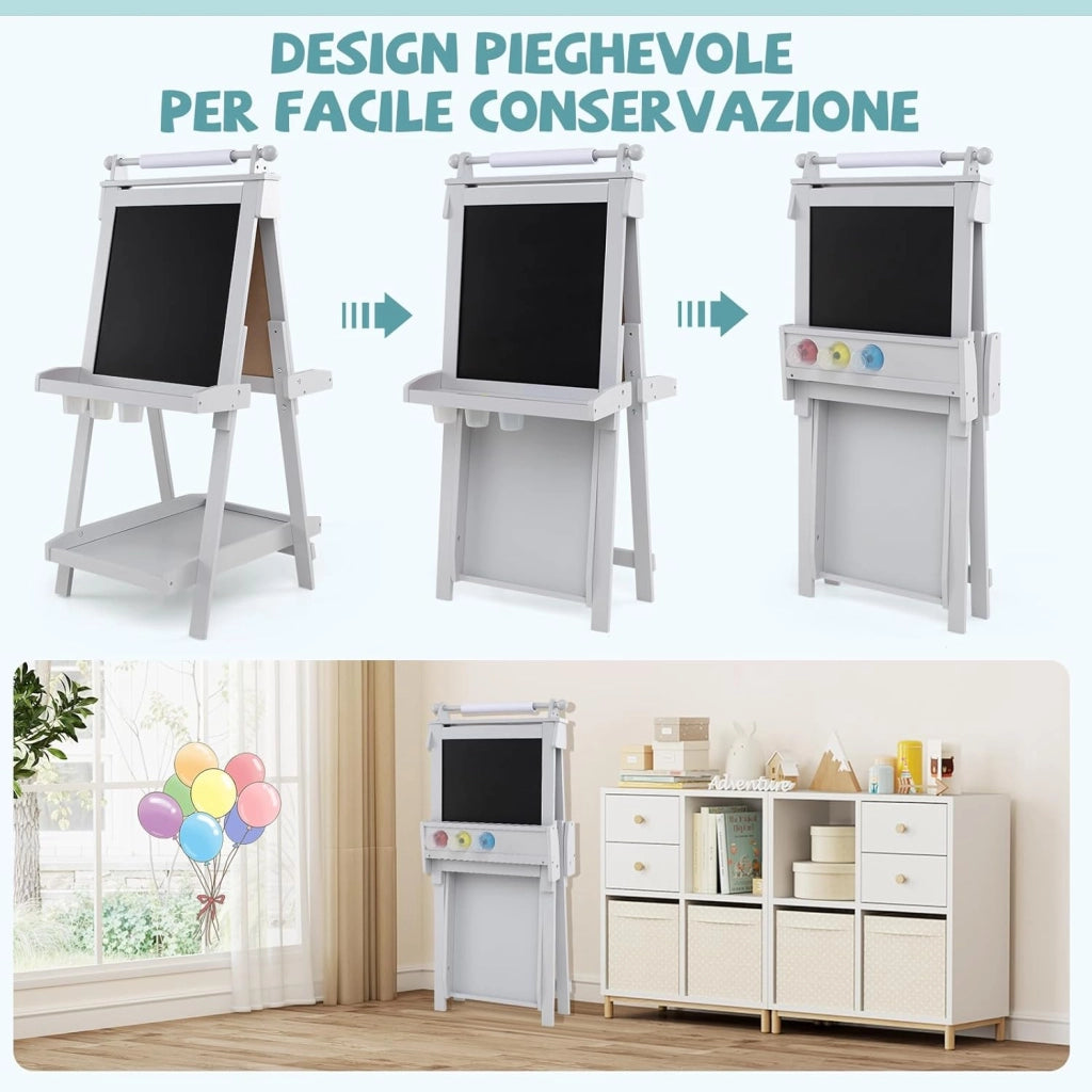 Lavagna per Bambini 3 in 1, Lavagna Magnetica con Lavagna Bifacciale, Rotolo di Carta, Vassoi Portaoggetti e 3 Bicchieri per Pittura, Cavalletto in Legno per Bambini 3+ Anni (Grigio)