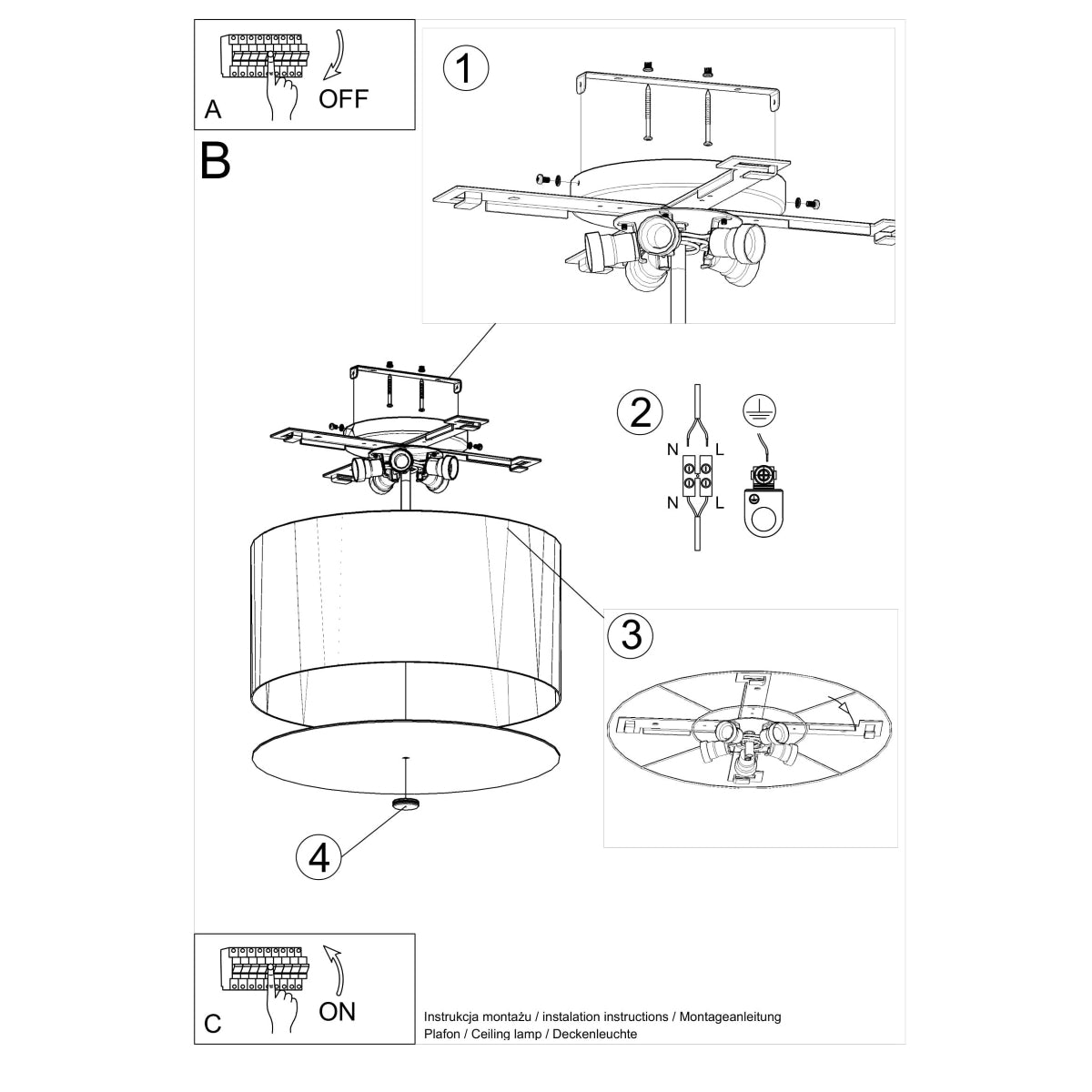 Lampada da soffitto a LED E27 a 5 luci della serie Otto 2BM, tessuto bianco, vetro e acciaio