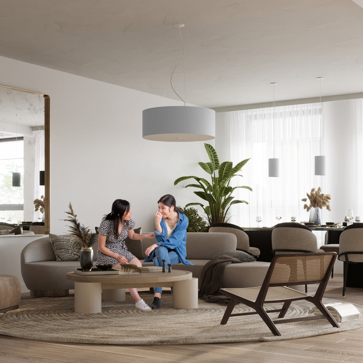 Lampada da soffitto a LED E27 a 5 luci della serie Otto 2BM, tessuto bianco, vetro e acciaio