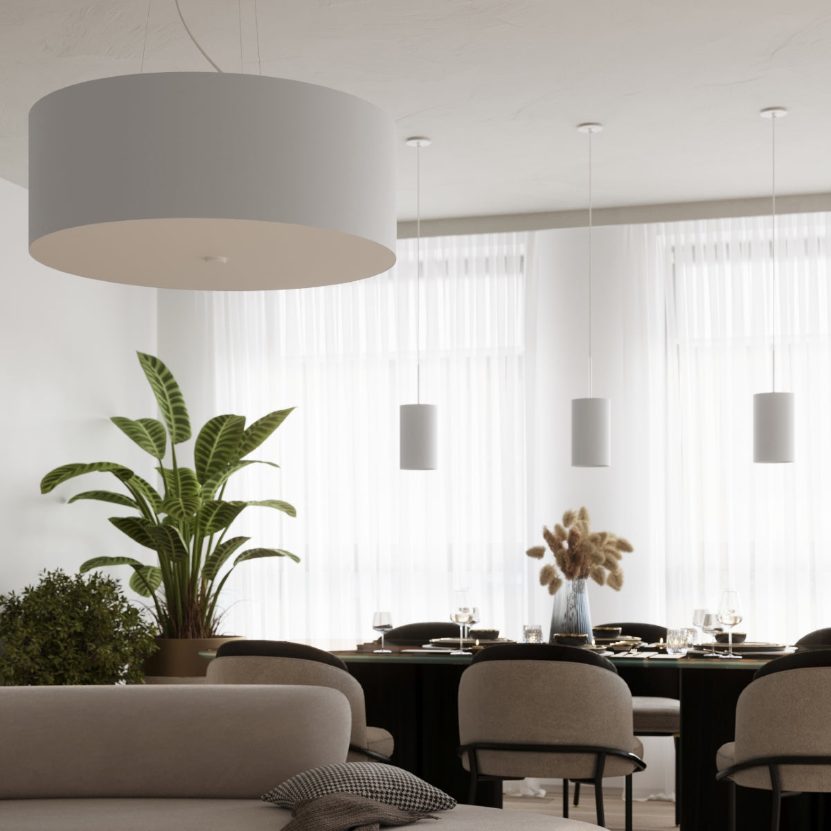Lampada da soffitto a LED E27 a 5 luci della serie Otto 2BM, tessuto bianco, vetro e acciaio