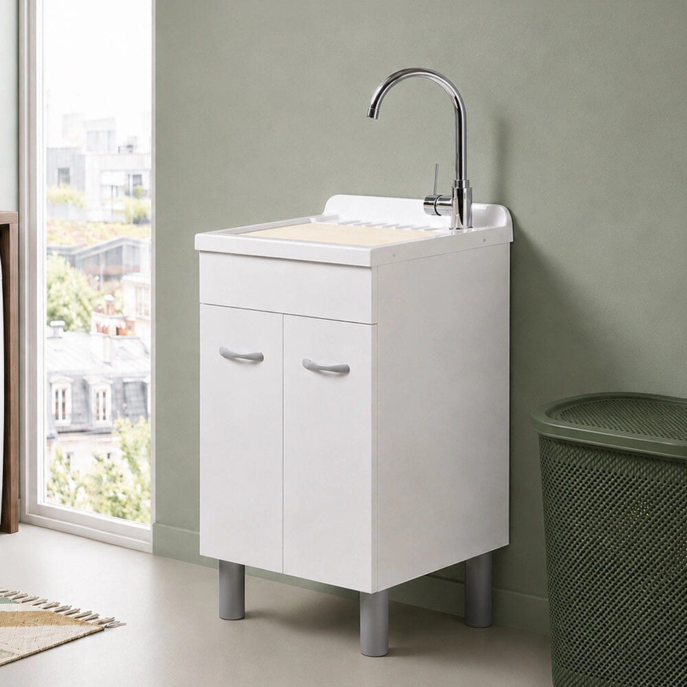 Mobile lavatoio 50x41 cm bianco opaco con due ante e vasca incluso di asse di lavaggio e kit di scarico Medea
