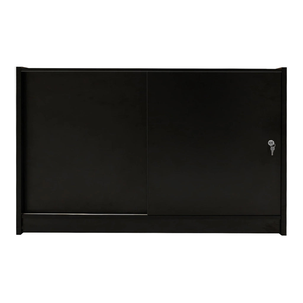Bancone LED Nero C1500 con Vetrina, 3 Ripiani e Ante Scorrevoli