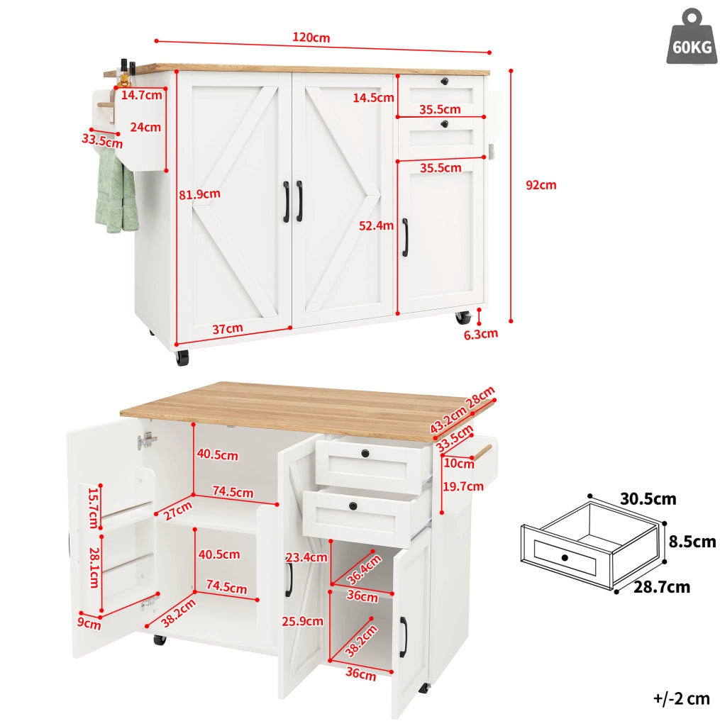 Carrello da cucina pieghevole con tavolo e cassetti bianco