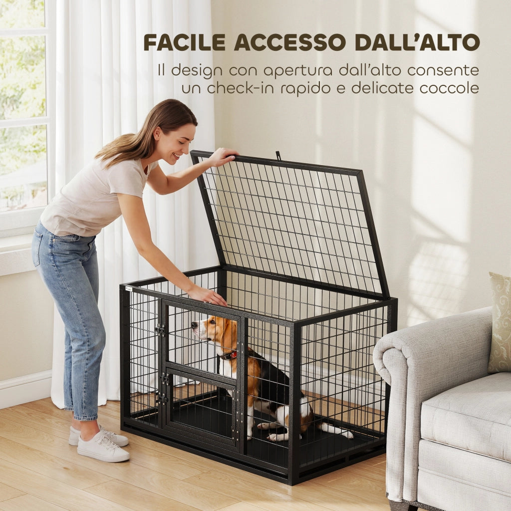 Gabbia per Cani Robusta 94x60x64 cm con Vassoio Rimovibile e Doppia Porta in Acciaio e Plastica Nero