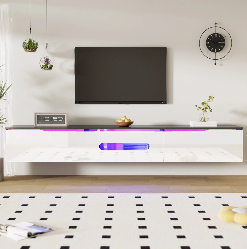 Mobile TV moderno 180x35x30 cm con LED 16 colori; MDF e truciolare; nero e bianco