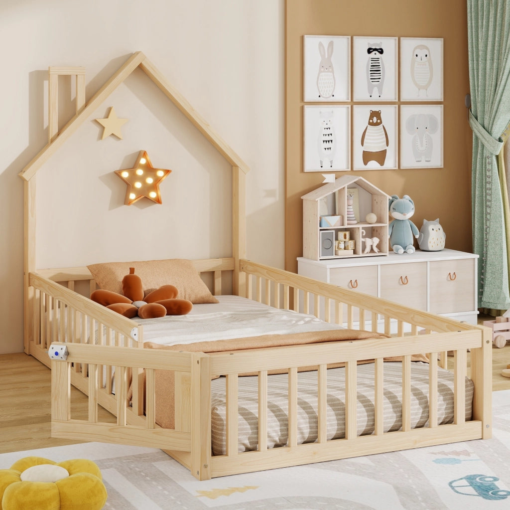 Letto a casetta per bambini 90x200 cm con camino, naturale