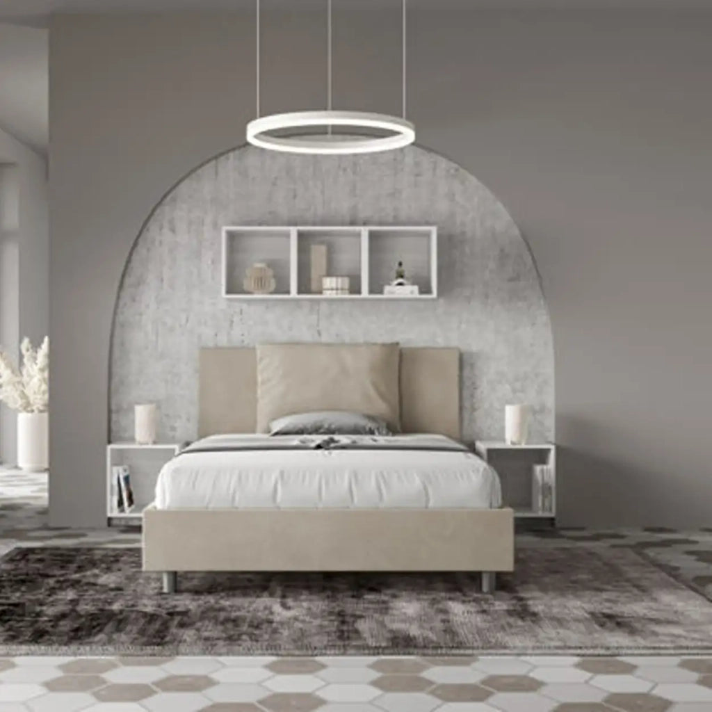 Letto matrimoniale francese senza rete imbottito 140x210 microfibra sabbia Antea