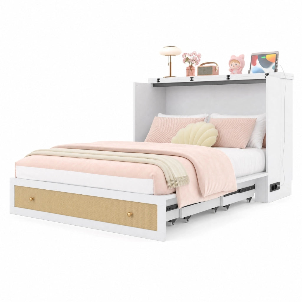 Letto a scomparsa 140x200 con cassetti, presa e USB, bianco