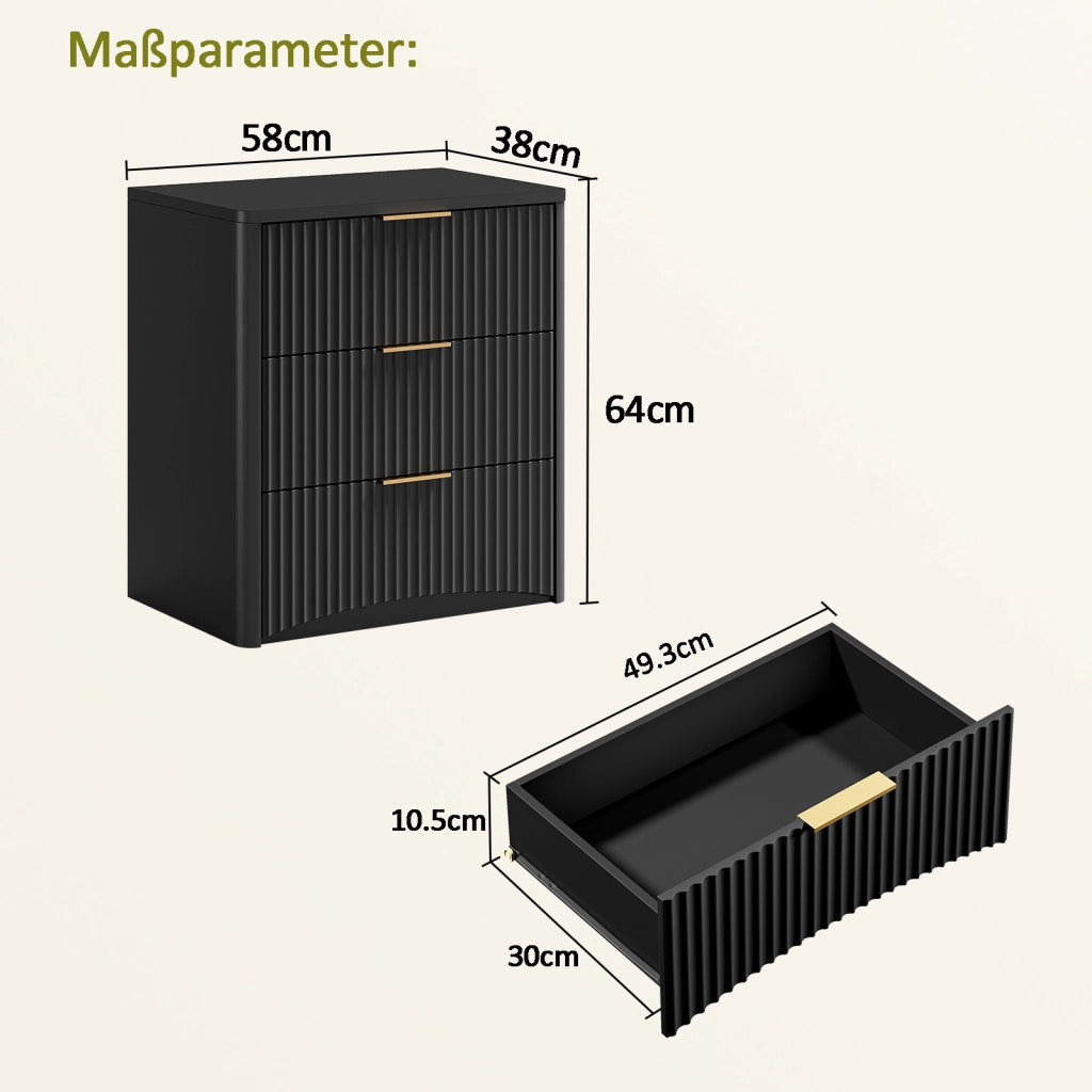 Comodino con 3 cassetti; guide metalliche silenziose e angoli arrotondati per camera da letto; nero