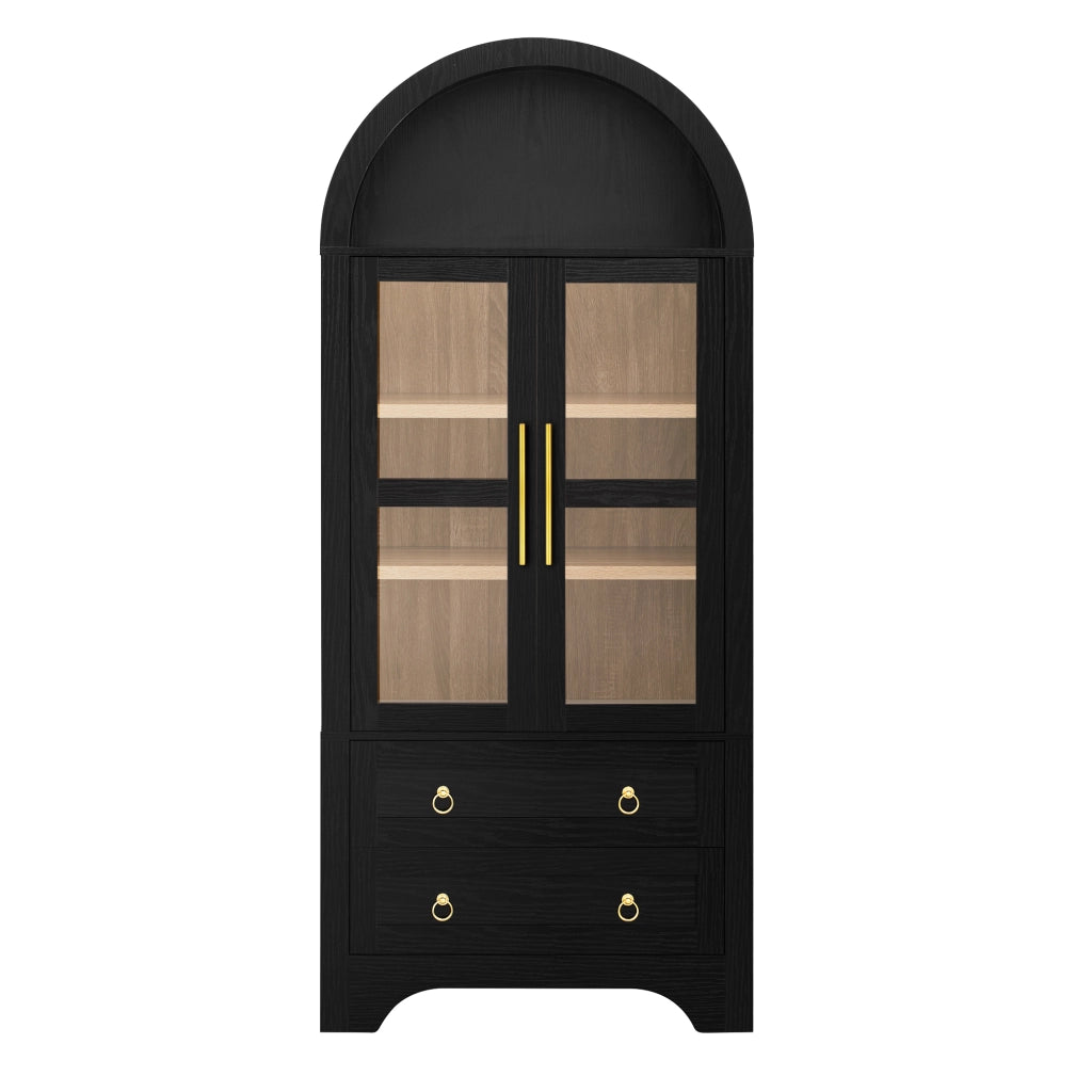 Credenza da cucina con 2 ante in vetro; 2 cassetti e ripiani regolabili - in MDF e vetro - nero