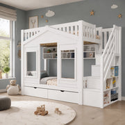Letto a soppalco 90x200 cm con scala contenitore e cassetto in pino e MDF bianco