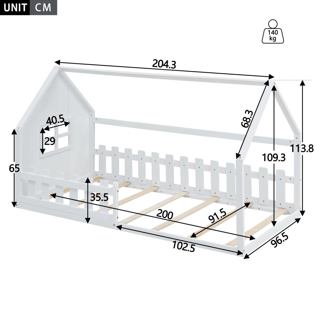 Letto a forma di casa bianco in pino con funzione contenitore 90x200 cm