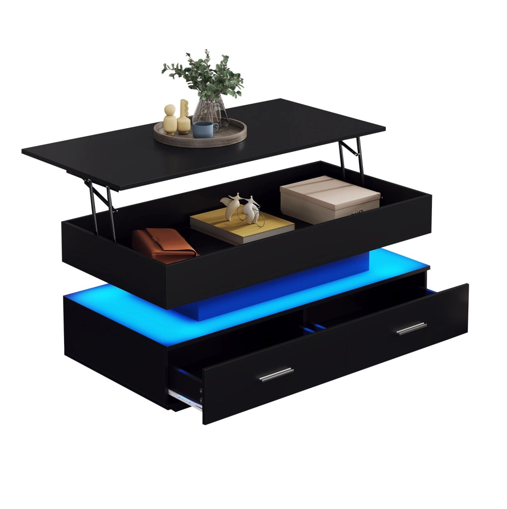 Tavolino da salotto sollevabile 100x50x44 cm in truciolare nero con LED e 2 cassetti