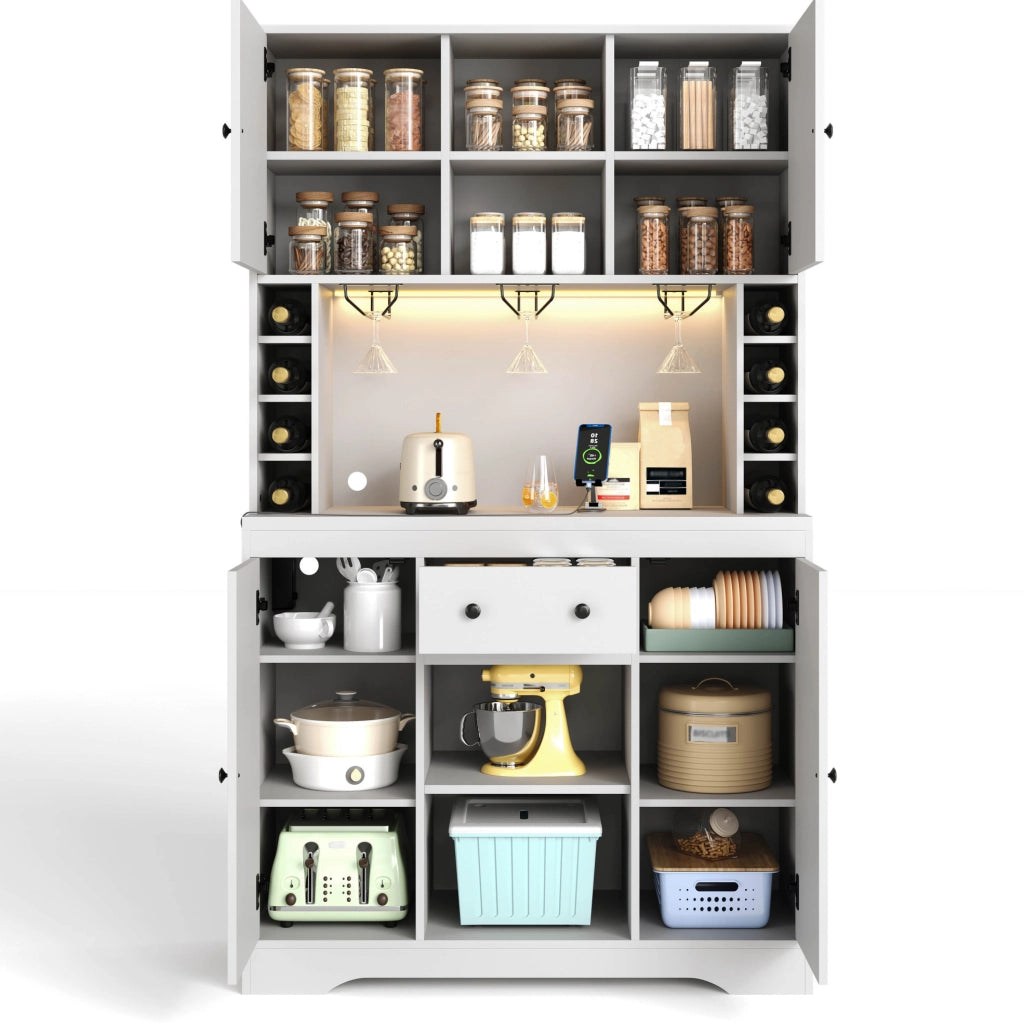 Credenza alta 105x39x180 cm in MDF bianco con LED e prese