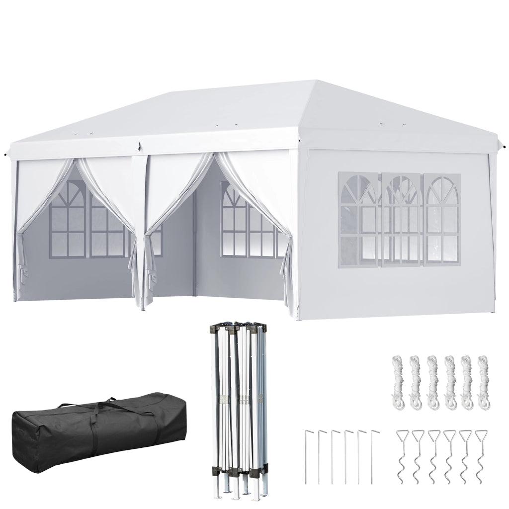 Gazebo 6x3 m Pieghevole da Giardino a 6 Pareti in Acciaio e tessuto Oxford con Funi e Picchetti, Bianco