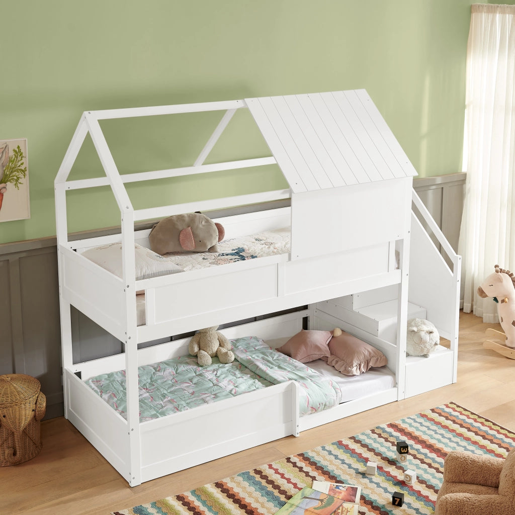 Letto a castello per bambini 80 × 200 cm con tetto, scala laterale et barriere di sicurezza, senza materasso, bianco