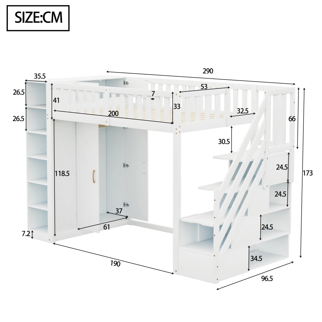 OKWISH Letto a soppalco 90×200 cm, Letto Singolo con Armadio, Mensole e Scala con Cassetti, senza Materasso, in Legno, Bianco