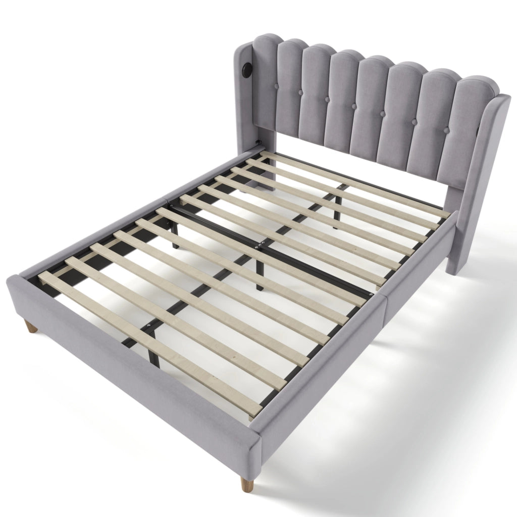 Letto matrimoniale imbottito 140x200 cm in lino grigio con testiera e porte USB e USB-C