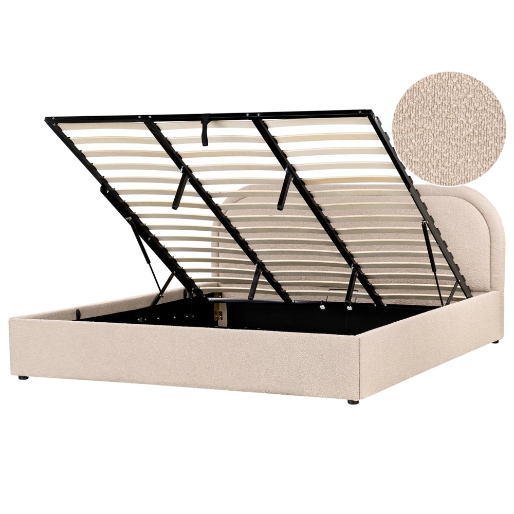 Letto moderno con contenitore e testata imbottita in bouclé beige chiaro 180 x 200 cm