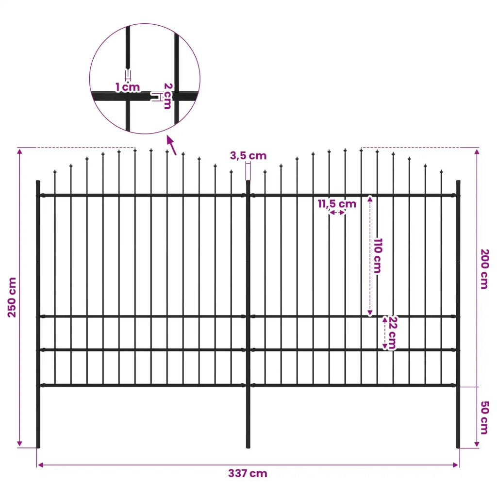Recinzione da Giardino con Punta a Lancia in Acciaio 337x200 cm Nero 277749