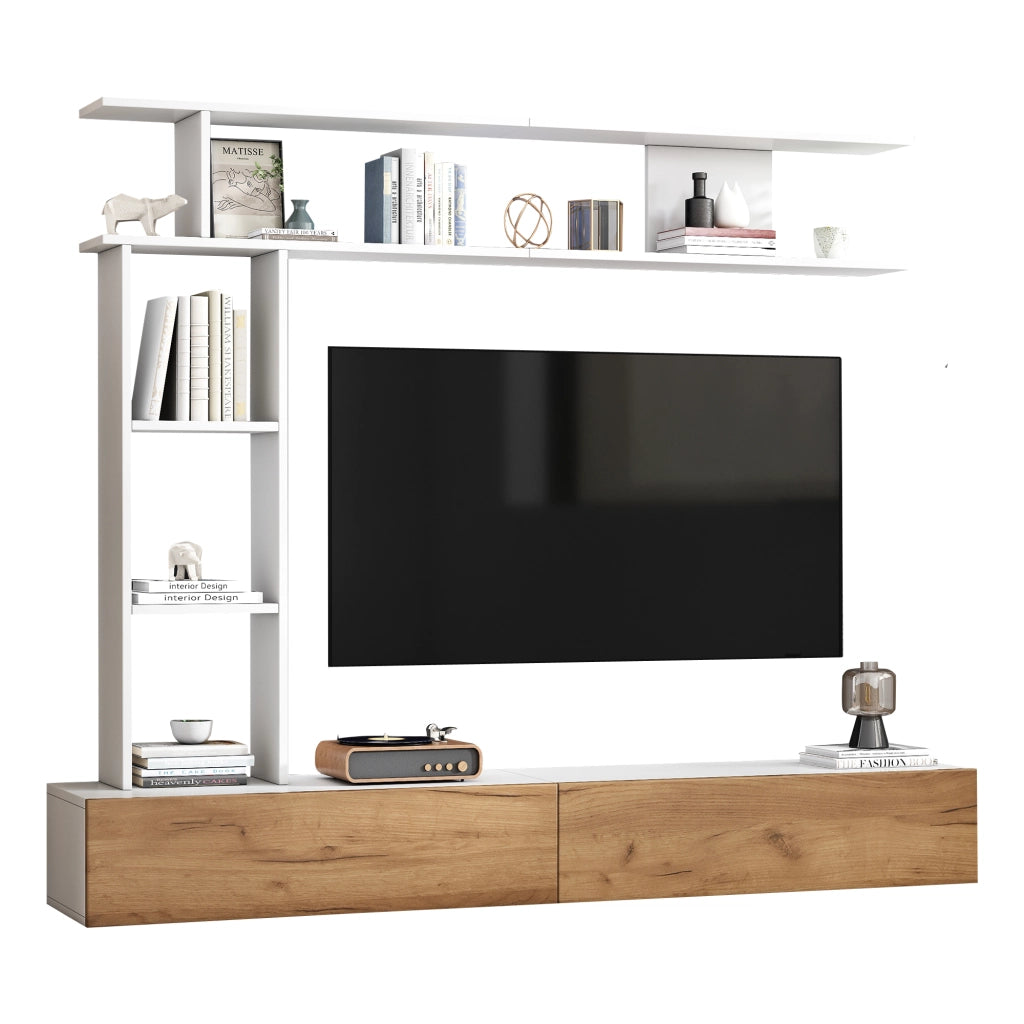 Mobile TV da Parete e Soggiorno con Vetrina e Ripiani ¨C MINIMAL ¨C Bianco/Legno 180x35x22.5