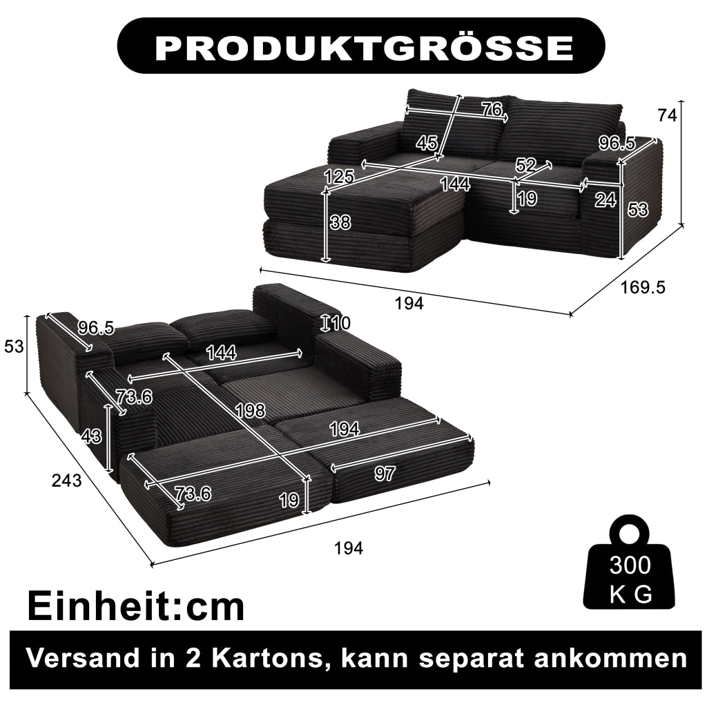 Divano letto modulare con pouf rimovibile, braccioli quadrati e configurazione flessibile in velluto a coste nero