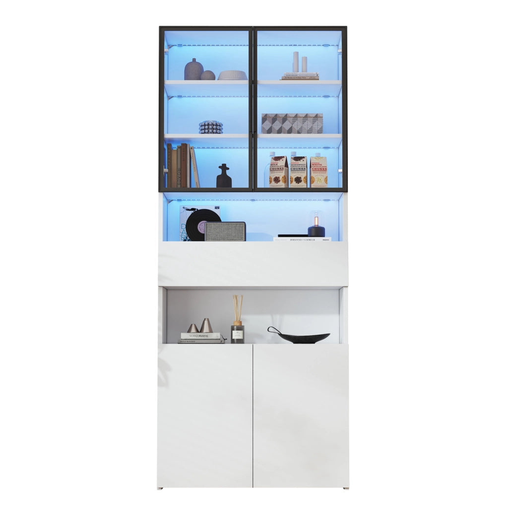Vetrina alta con LED e ante in vetro; 70 x 30 x 200 cm; bianco