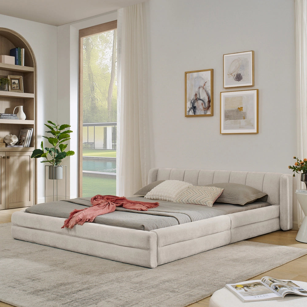 Letto Matrimoniale 160x200cm - Xylo - Testiera Chenille e Struttura Eucalipto/Ferro Beige