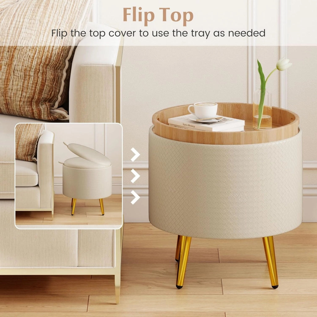 Set di 2 sgabelli rotondi bassi da 23 l + 6 l, pouf portaoggetti con coperchio reversibile e spazio di archiviazione, imbottiti, in ecopelle, ottomane, per soggiorno, camera da letto, ingresso