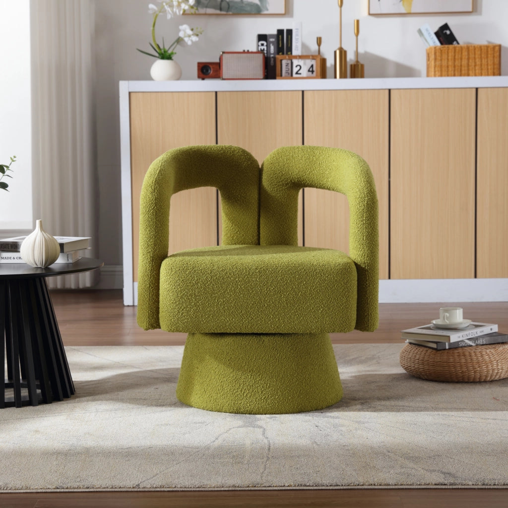 Poltrona Girevole a 360° con Schienale Arrotondato e Braccioli Integrati; in Bouclé; Verde Oliva