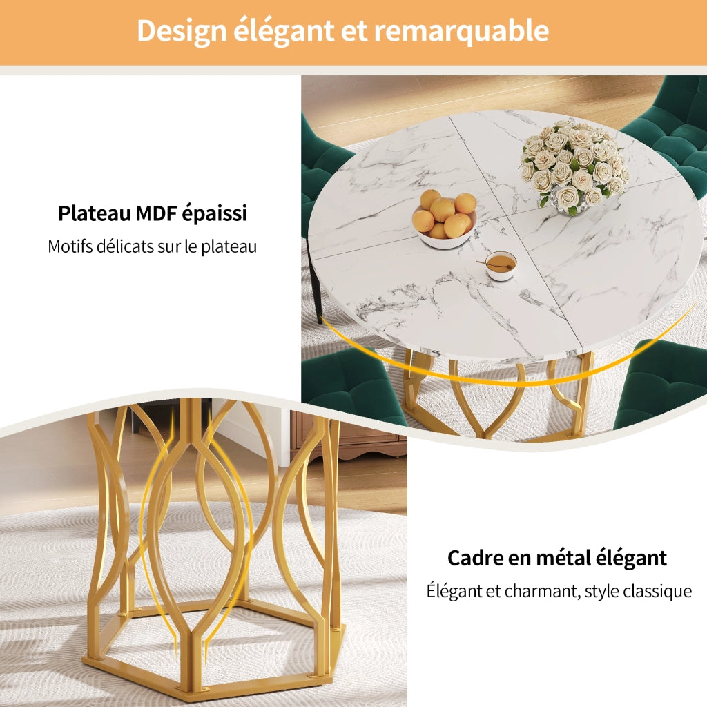 Tavolo da pranzo rotondo con piano in MDF e gambe in ferro, per cucina e soggiorno, bianco e oro, 100 × 100 × 76 cm