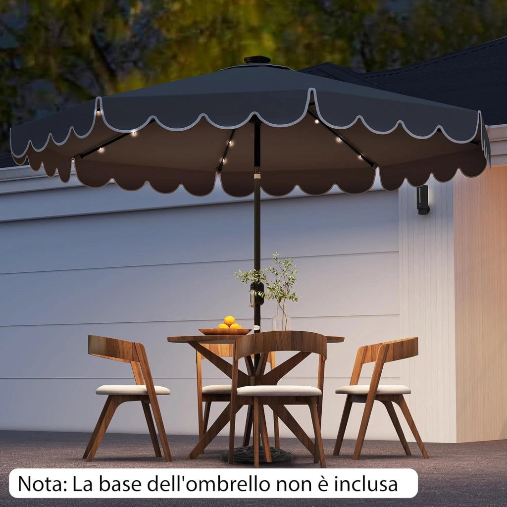 Ombrellone da Giardino 300 cm, con 24 Luci LED Solari, Inclinazione Regolabile, Manovella, 8 Stecche, Anti-UV, Top Ventilato, Idrorepellente, Giardino Piscina Patio (Grigio)