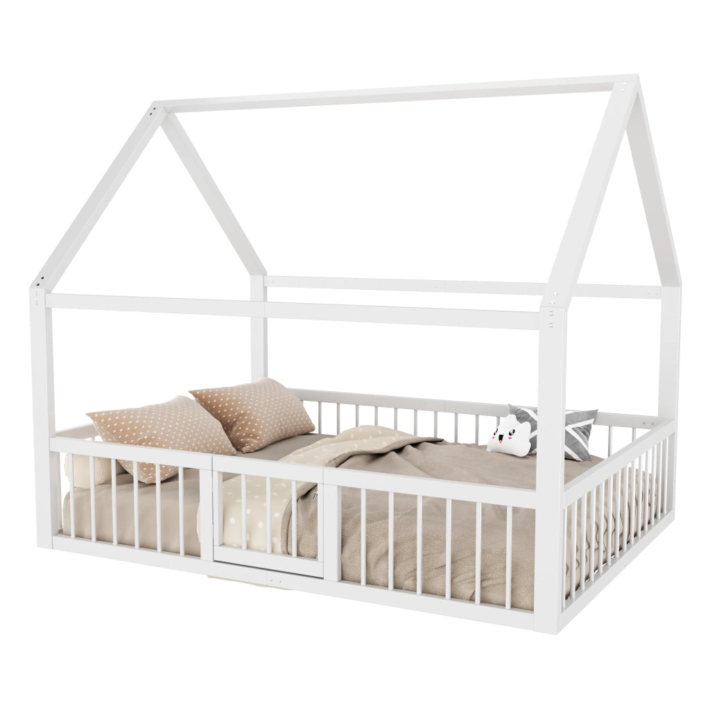 Letto a baldacchino in metallo bianco 140x200 cm con ringhiera per bambini