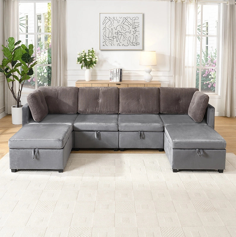 Divano modulare a U 6 posti con contenitore, velluto e corduroy grigio antico