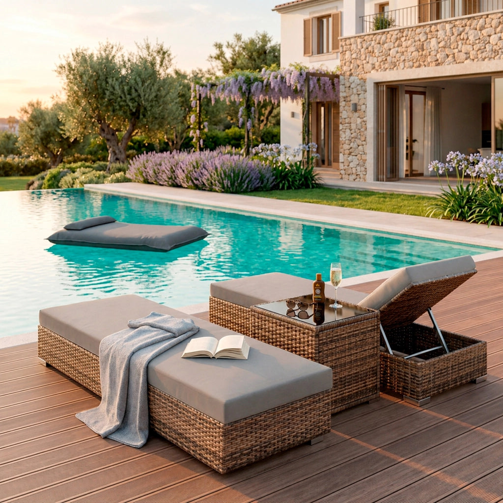 Set 2 Lettini Prendisole In Polyrattan Con Tavolino Sdraio Regolabile Da Giardino Terrazzo Piscina 184 x 60 x 21 Cm Marrone Chiaro E Grigio