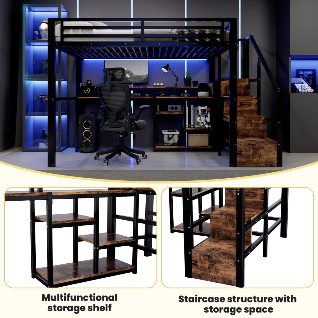 Letto a soppalco 140 × 200 cm con armadio a scala, ripiano, USB e Type-C, LED, senza materasso, nero