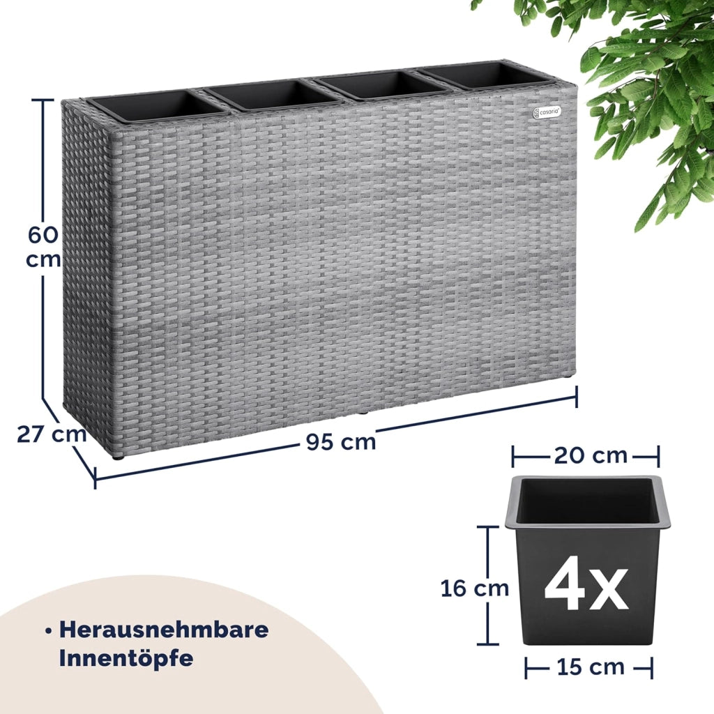 Fioriera Rettangolare 95x27x60 cm con 4 Vasi Interni in Polyrattan con Sistema di Drenaggio Fioriere Porta Vaso da Fiori Piante Divisorio Giardino Balcone Terrazza Grigio